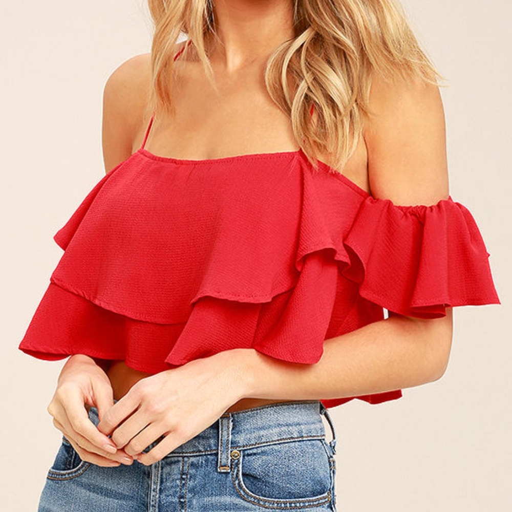 RED OFF-THE-SHOULDER CROP TOP